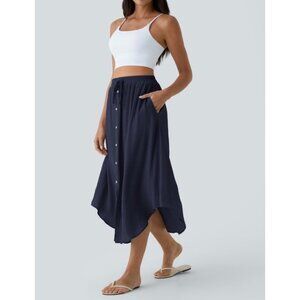 Halara High Waisted Drawstring Pocket Flowy Midi Casual Skirt Sz XL Womens Navy